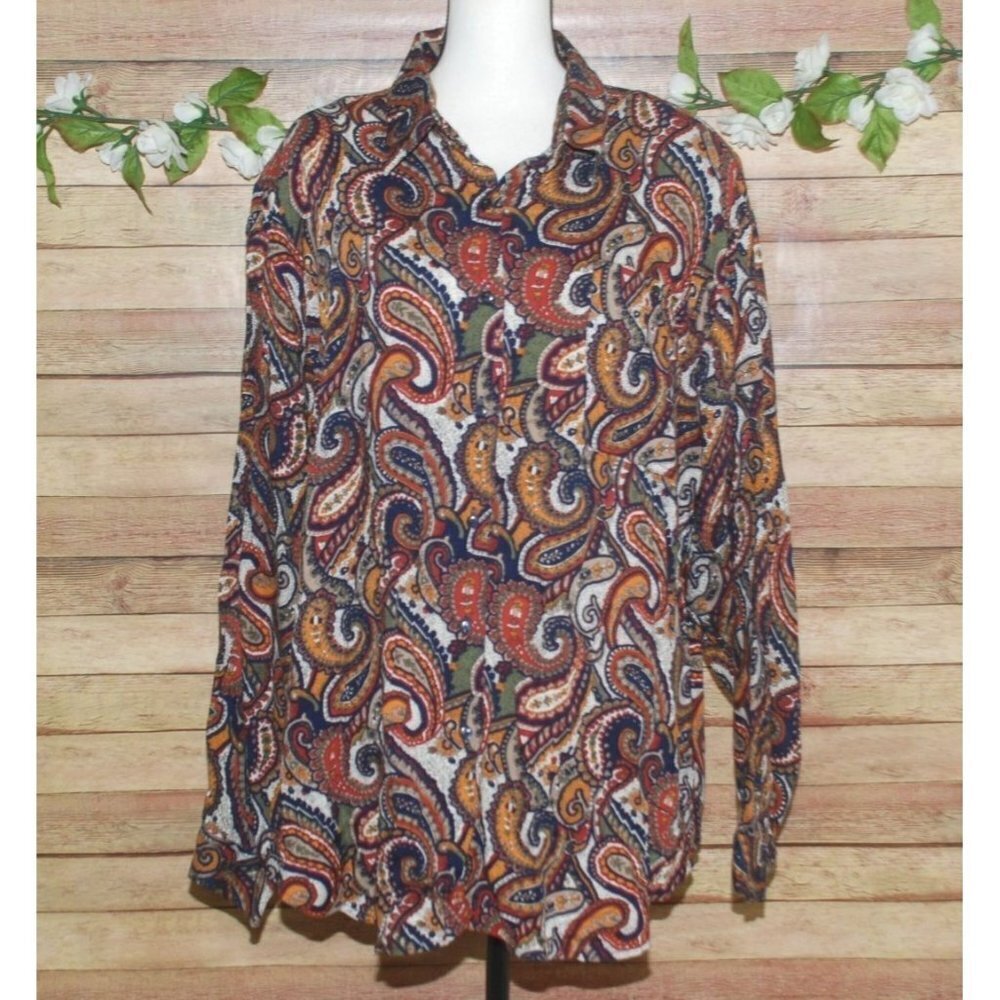 Kikomo Women's Brown Button Up Blouse Size 24W Long Sleeve Pocket Paisleys Shoul